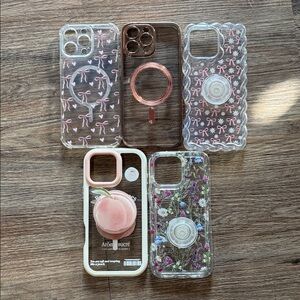 16 Pro Max Apple Clear and Pink Floral Bow Phone Cases